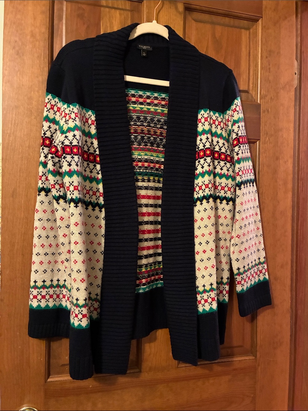 Talbots Navy, Cream & Green Fair Isle Open Cardigan